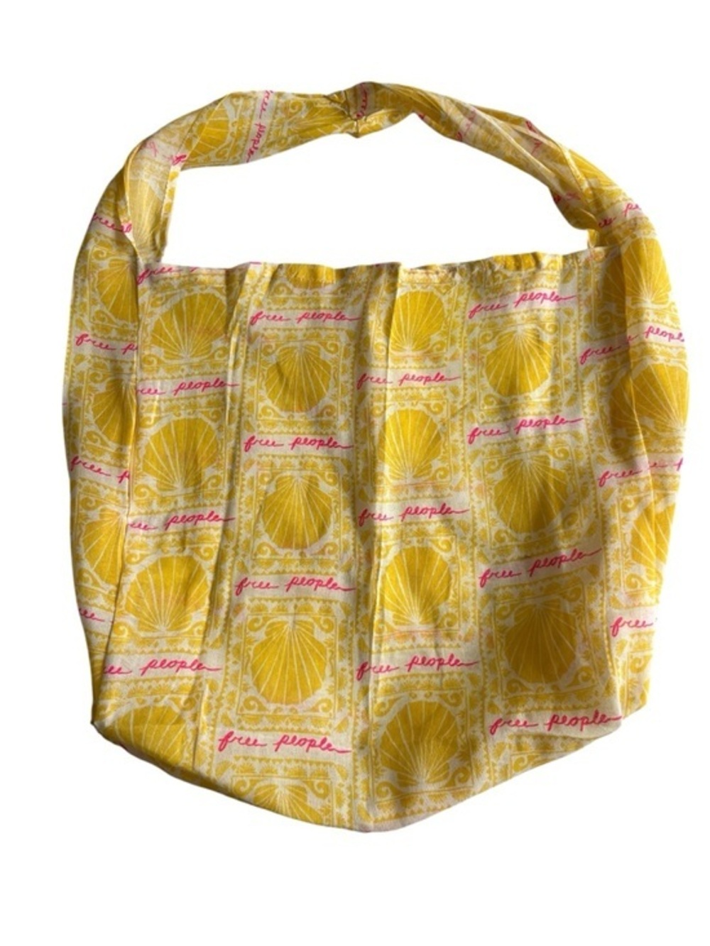 Free People Yellow Tote with Pink Script & Shell Motif- coastal